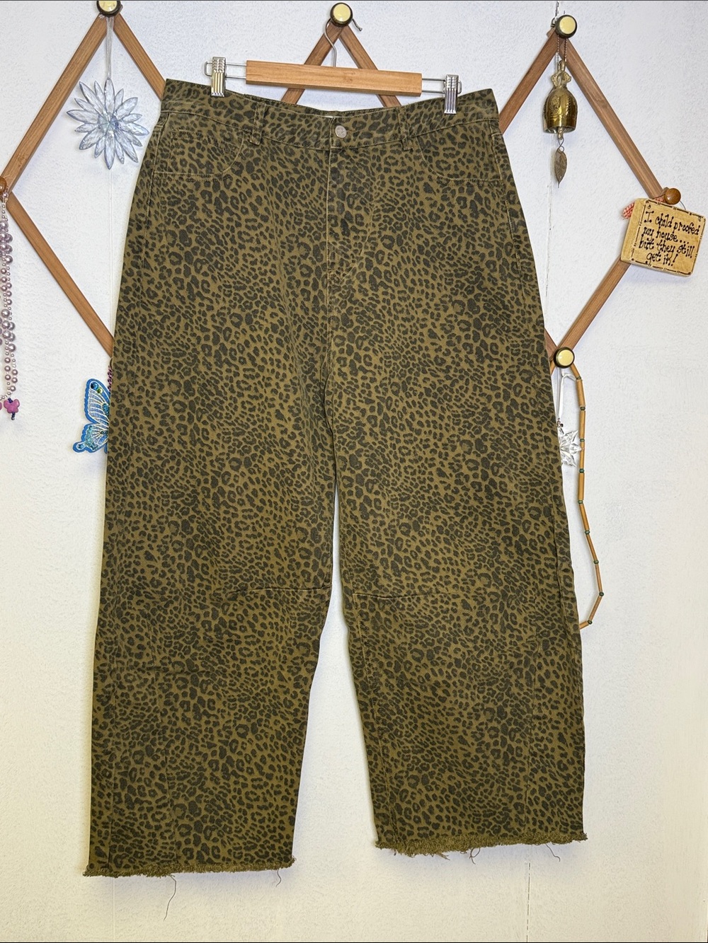 Olive Leopard Wide Leg Pants, High-Rise Casual